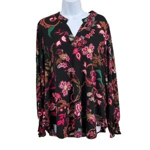 Dear Scarlett Blouse Womens Sz M Black Pink Floral Boho Office Colorful Travel